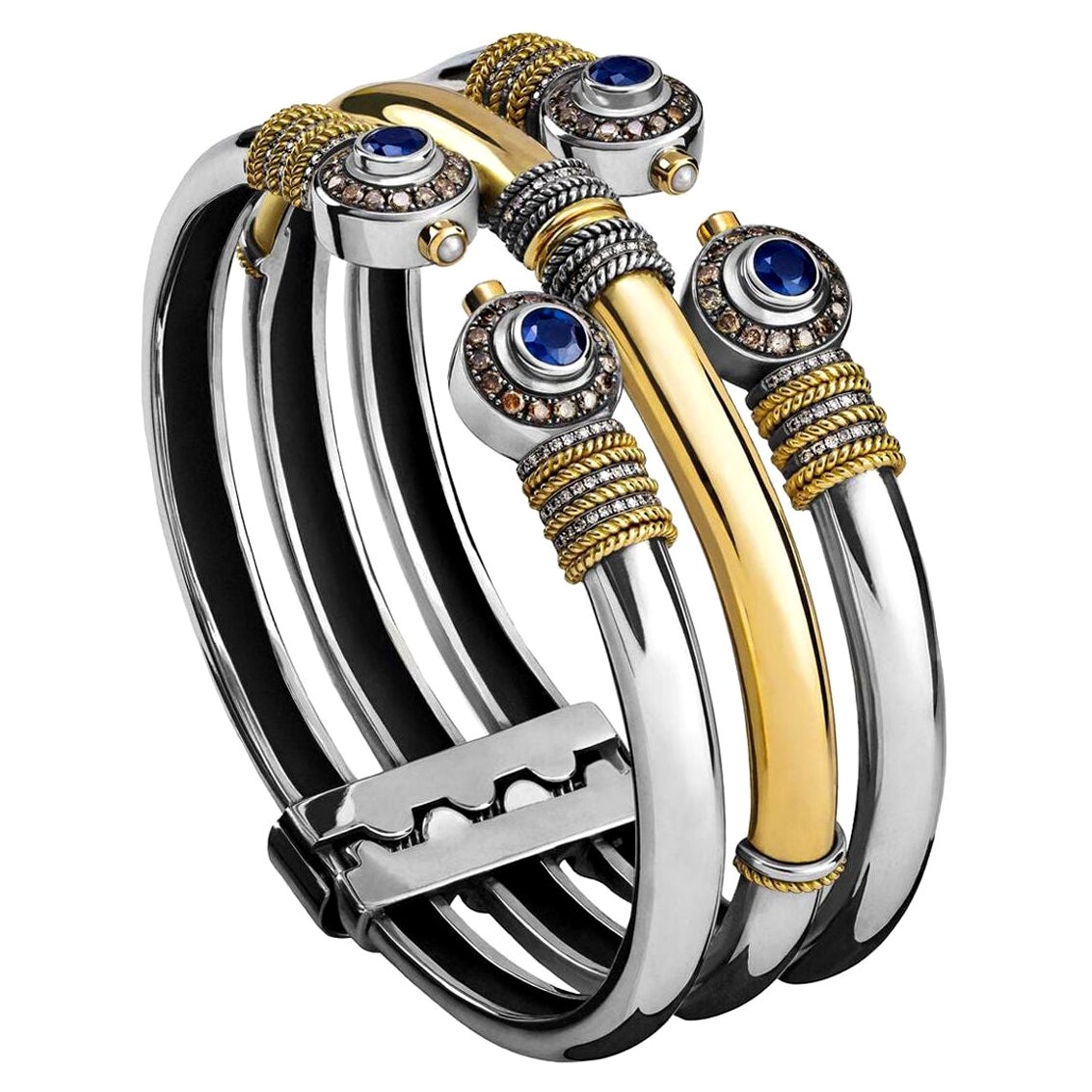 18 Karat Gold, Sterling Silver, Sapphire, Diamond and Pearl Stack Effect Cuff For Sale