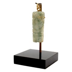 Antique Nephrite Jade & 14K Gold Pre-Columbian Mixtec Style Figurine Pendant