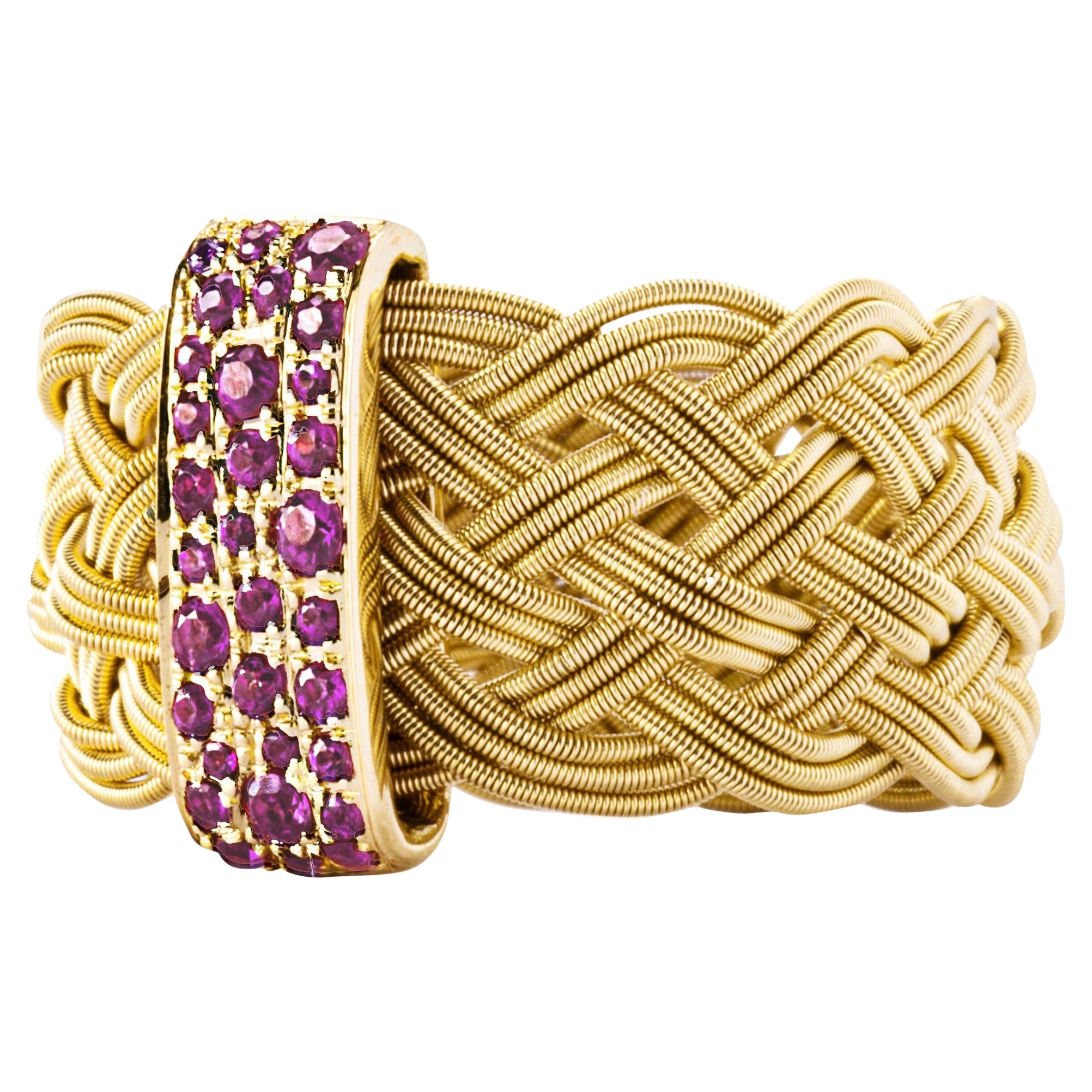 Alex Jona design collection, hand crafted in Italy, 18 karat yellow gold Filigree Band  Ring, set with 0.25 carats of pink sapphires. 
This ring is 6.5 US and available to order in all sizes. Being hand made and slightly flexible, dimensions may