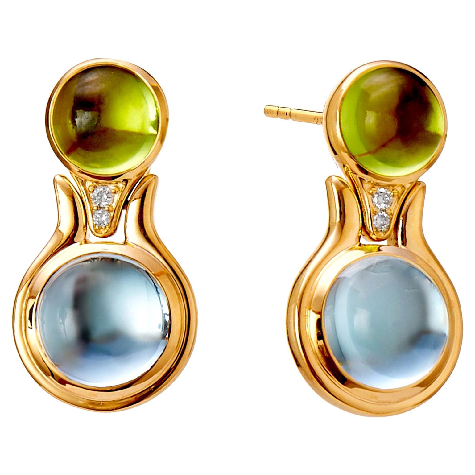 Syna Yellow Gold Peridot and Blue Topaz Earrings with Diamonds For Sale