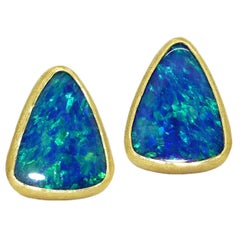 Petra Class Neon Green Flash Blue Opal Doublet Gold Stud Earrings