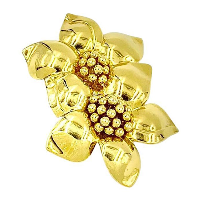 Large Estate Sabbadini 18K Gold Due Fiori Clip Brooch, Pendant Necklace Enhancer For Sale