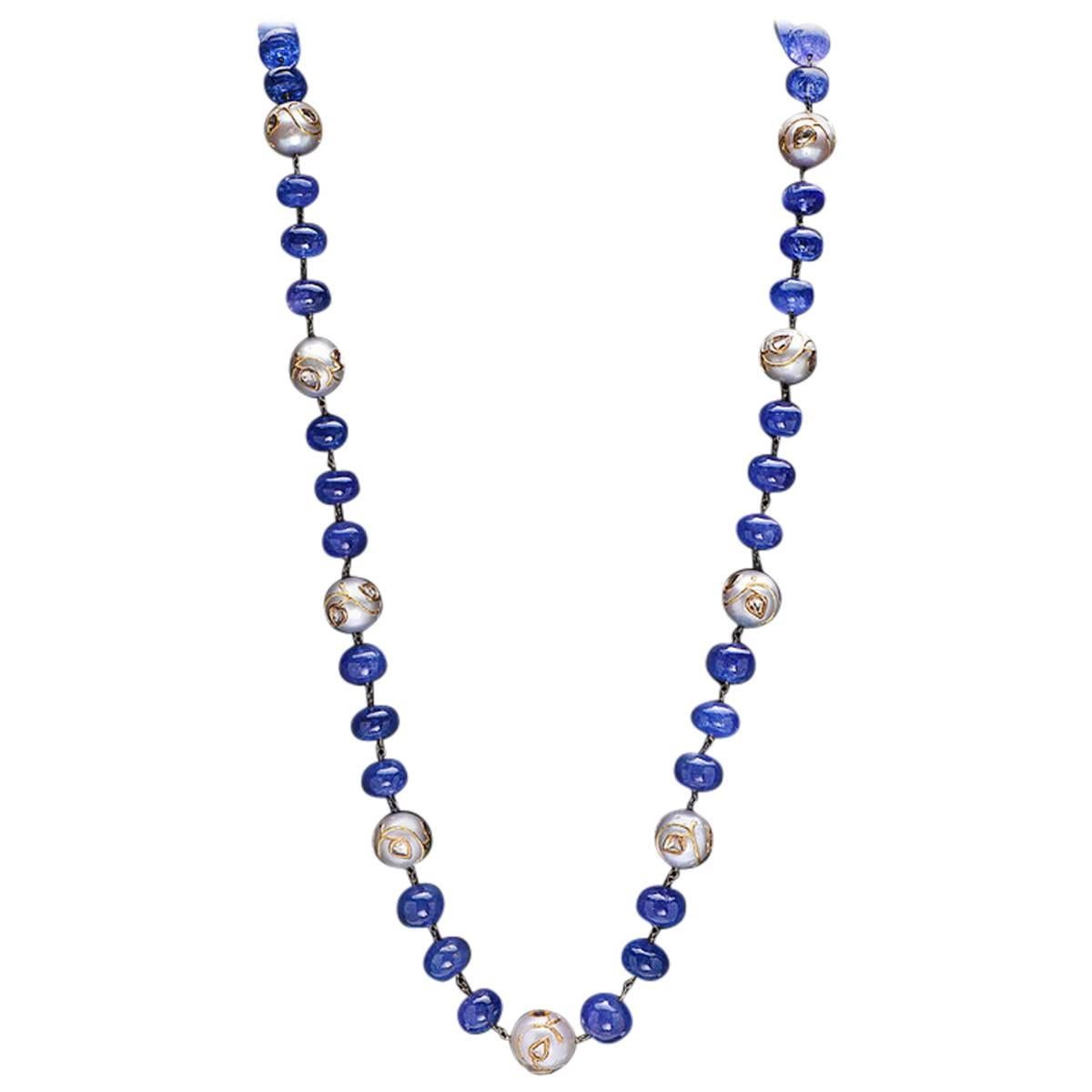 Decadent Jewels Carved Tanzanite Emerald Pearl Gold Necklace at 1stDibs