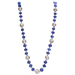 Gorgeous Tanzanite Pearl Necklace With Diamonds Made In 14k Gold