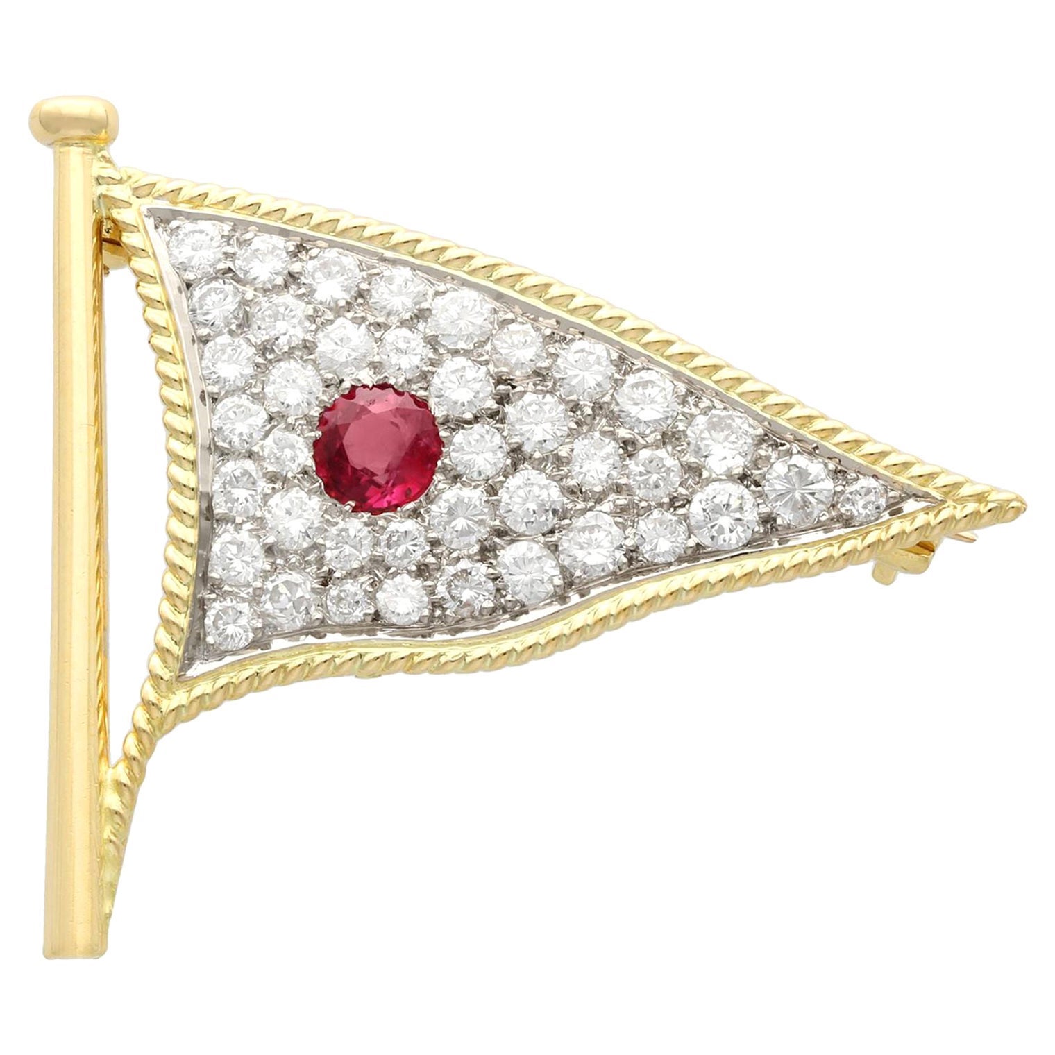 1.65 Carat Diamond and Ruby Yellow Gold Flag Brooch For Sale