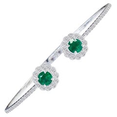 DiamondTown 1.75 Carat Round Emerald and Diamond Flower Bangle in 14k White Gold