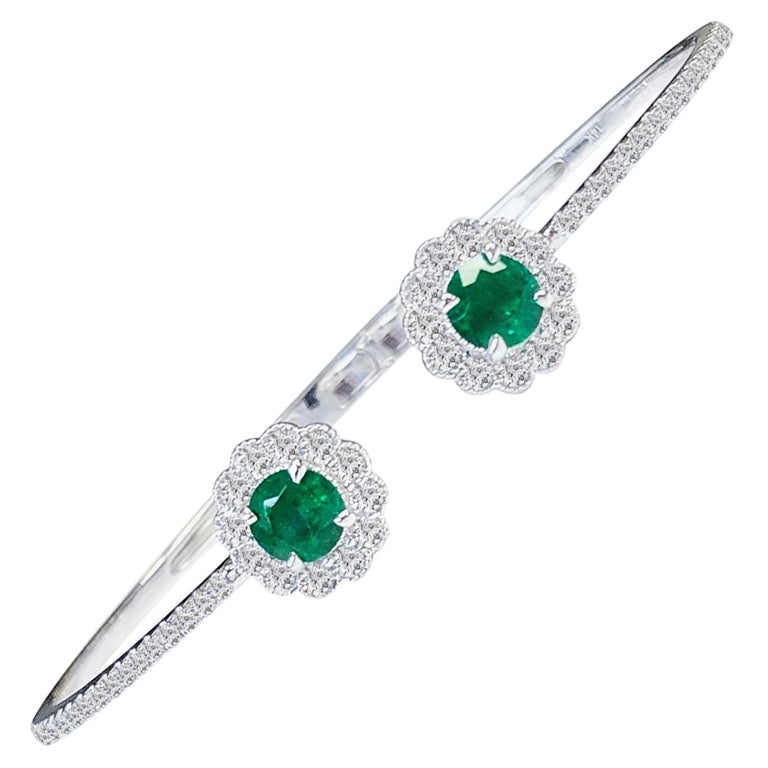 DiamondTown 1.75 Carat Round Emerald and Diamond Flower Bangle in 14k White Gold For Sale