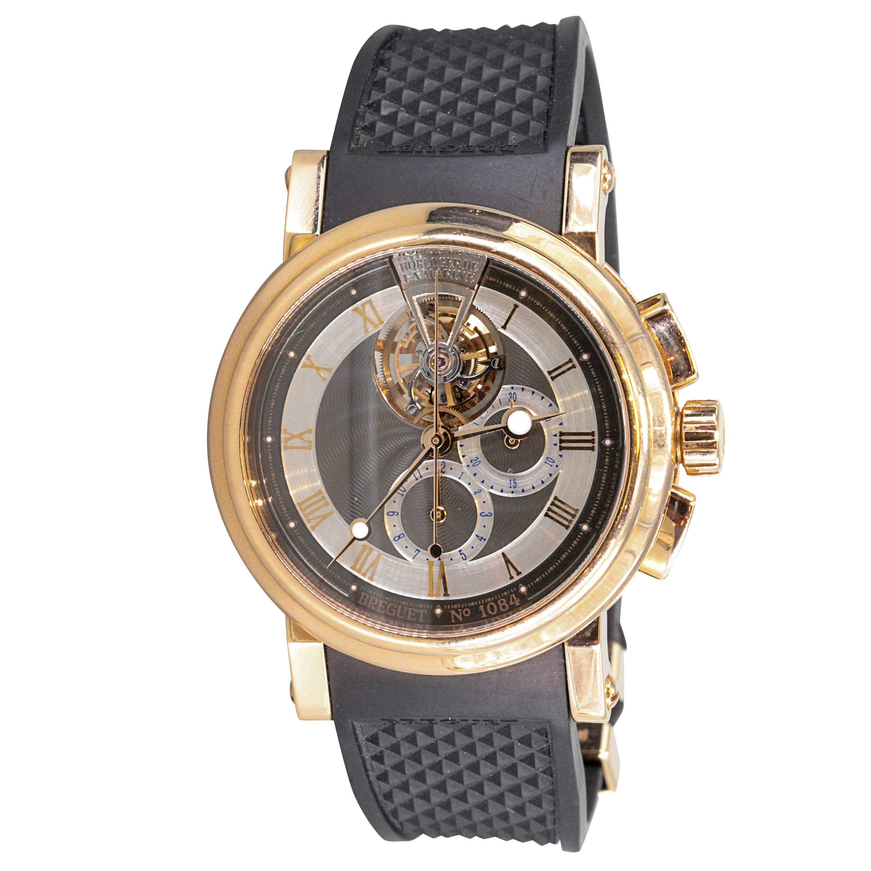 Breguet Marine Tourbillon Rose Gold Skeleton Back Chronograph Wristwatch