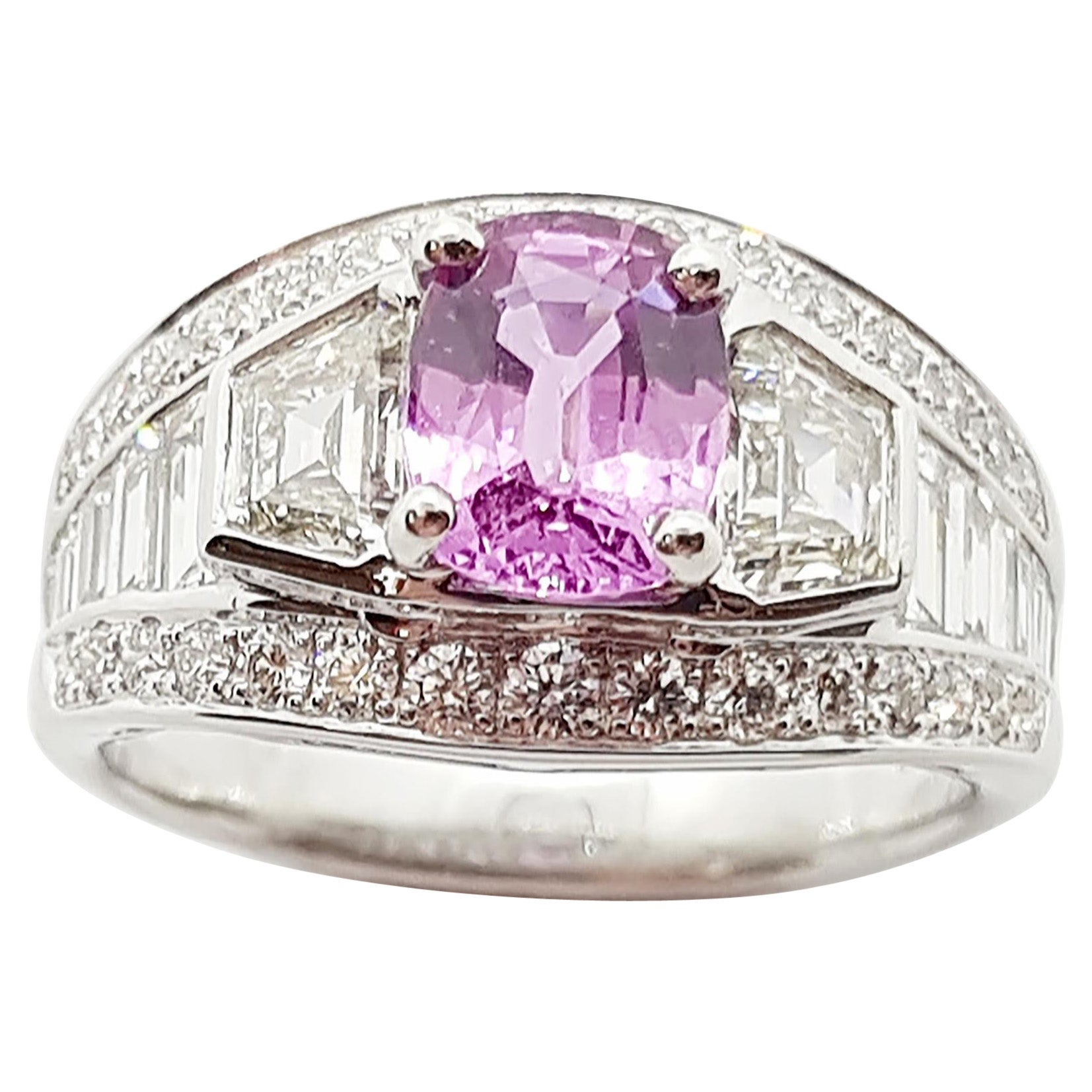 Pink Sapphire with Diamond Ring set in 18 Karat White Gold Settings For Sale