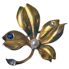 French Sapphire Pearl Diamond Gold Brooch