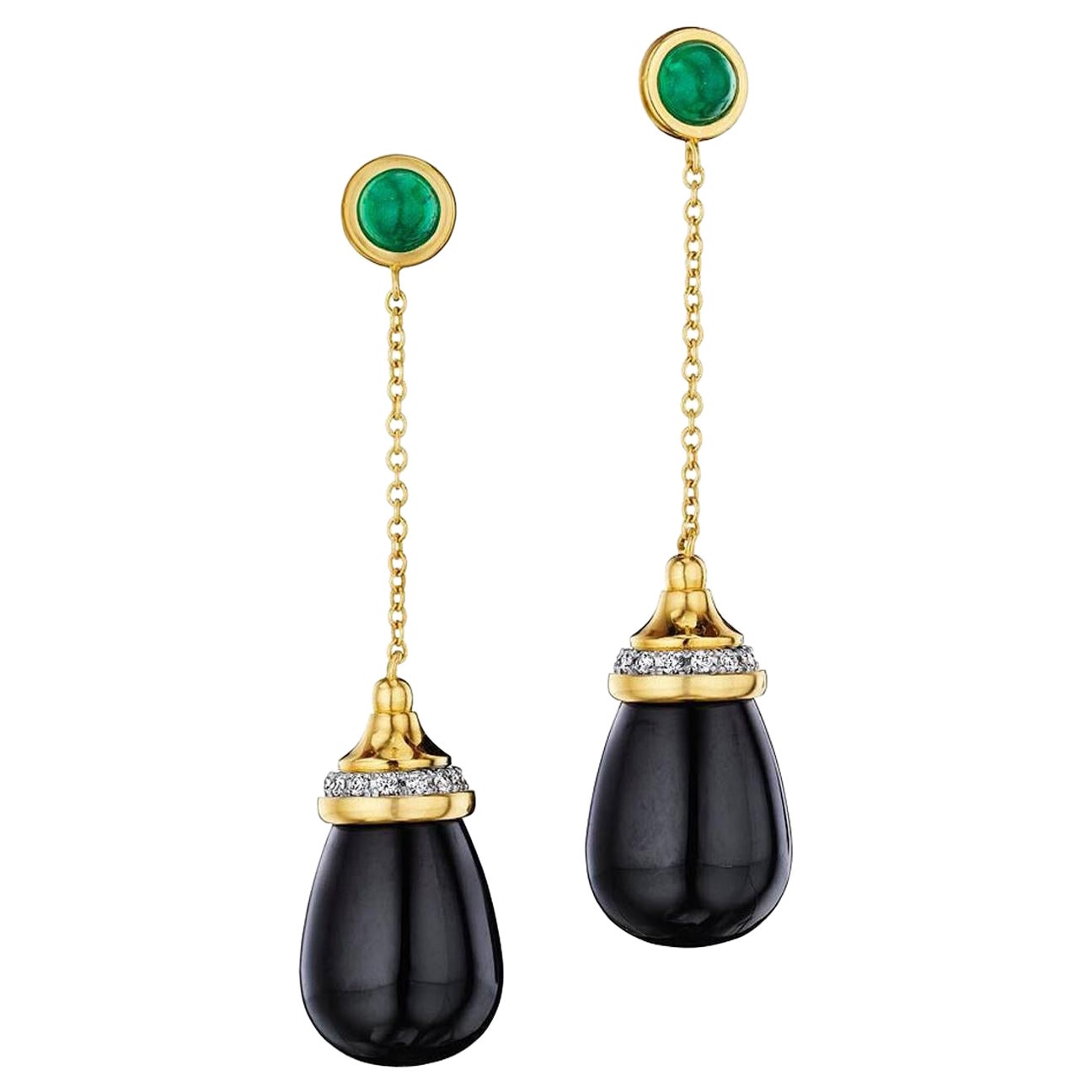 Syna Yellow Gold Black Onyx and Emerald Mogul Drop Chain Earrings For Sale