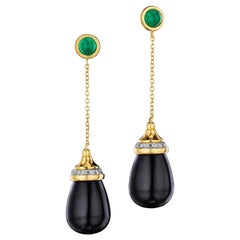 Syna Yellow Gold Black Onyx and Emerald Mogul Drop Chain Earrings