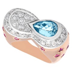 Retro 1.36 Carat Pear Aquamarine Diamond and Ruby Rose Gold Cocktail Ring