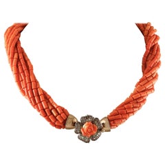 Vintage Orange Stones Multi-Strands Necklace with Rose Gold and Silver Closure