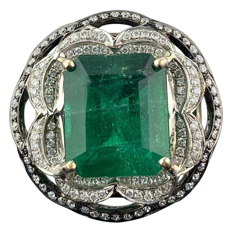 6.54 Carat Emerald and Diamond Cocktail Engagement Ring For Sale