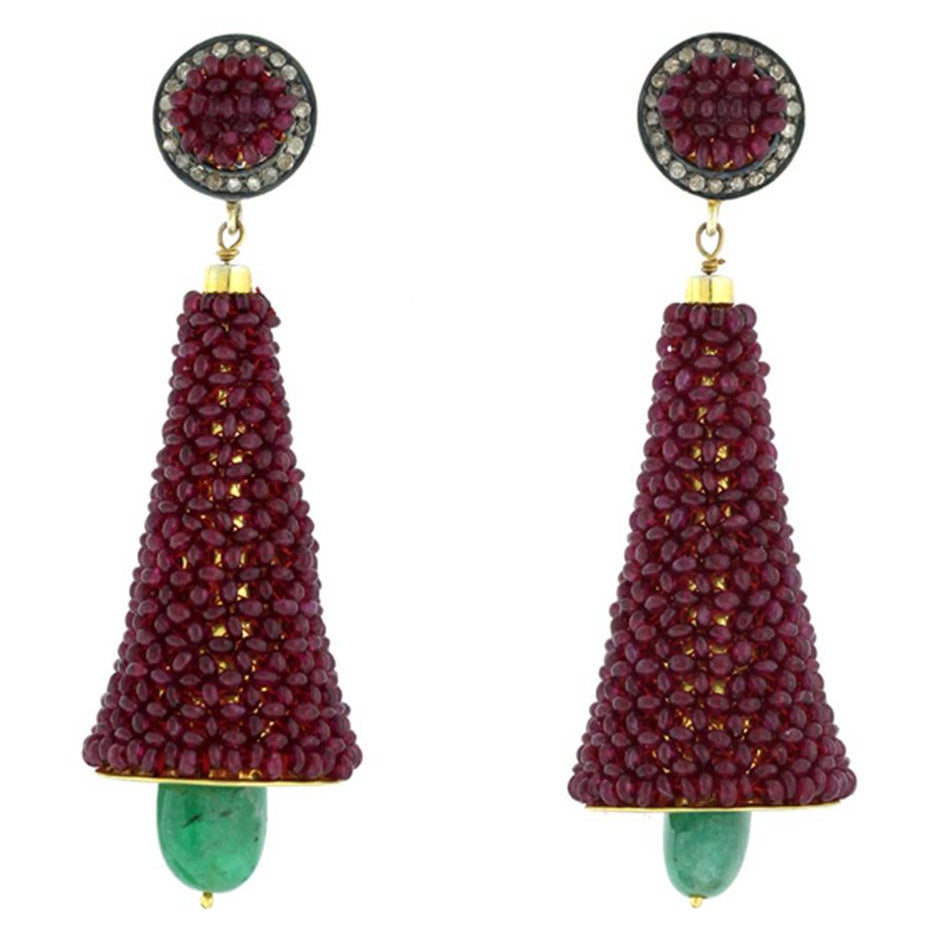 Emerald & Ruby Dangle Earrings with Diamonds Made in 14k Yellow Gold & Silver For Sale