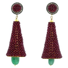 Emerald & Ruby Dangle Earrings with Diamonds Made in 14k Yellow Gold & Silver