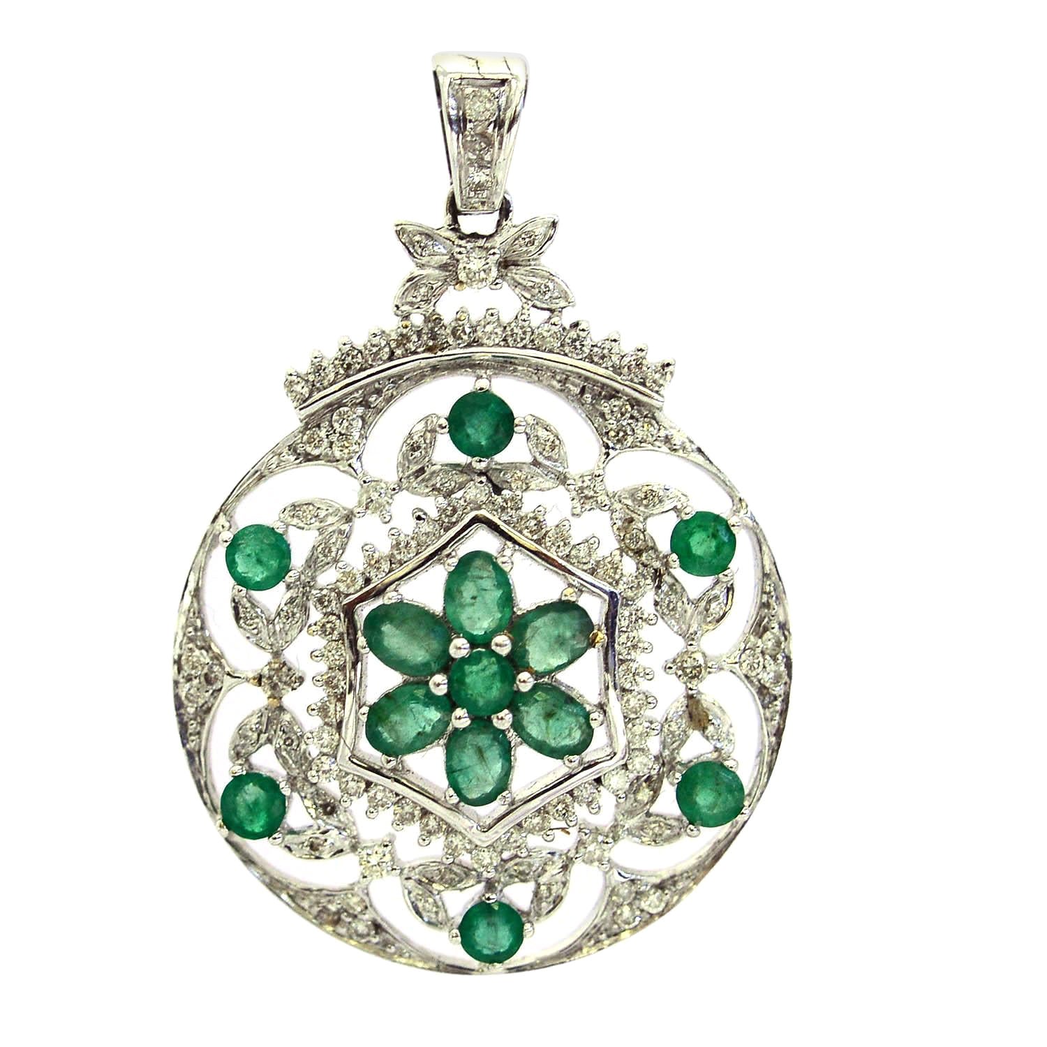 Emerald and Pave Set of Diamonds Pendant Made in 18k White Gold For Sale