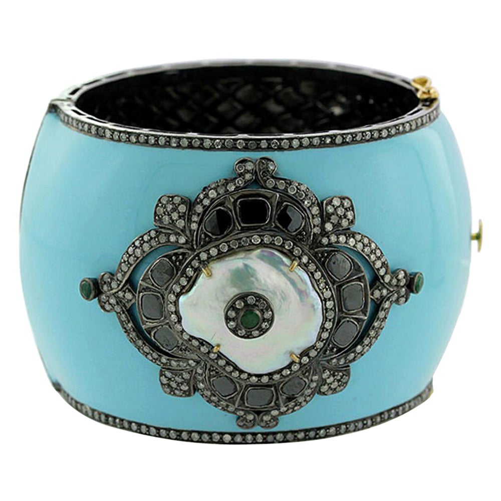 Designer Turquoise Enamel Cuff With Emerald, Pearl and Pave Diamond For Sale