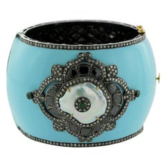 Designer Turquoise Enamel Cuff With Emerald, Pearl and Pave Diamond