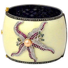 Enamel Bangle with Multi Gemstone Surrounded by Pave Diamond in Star Fish Design
