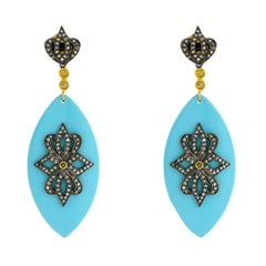 Turquoise Color Bakelite Earrings With Pave Diamond In Gold & Silver