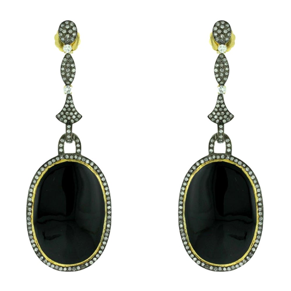 Oval Shaped Enamel Dangle Earring with Diamonds Made in 18k Yellow Gold & Silver For Sale