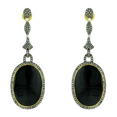 Oval Shaped Enamel Dangle Earring with Diamonds Made in 18k Yellow Gold & Silver