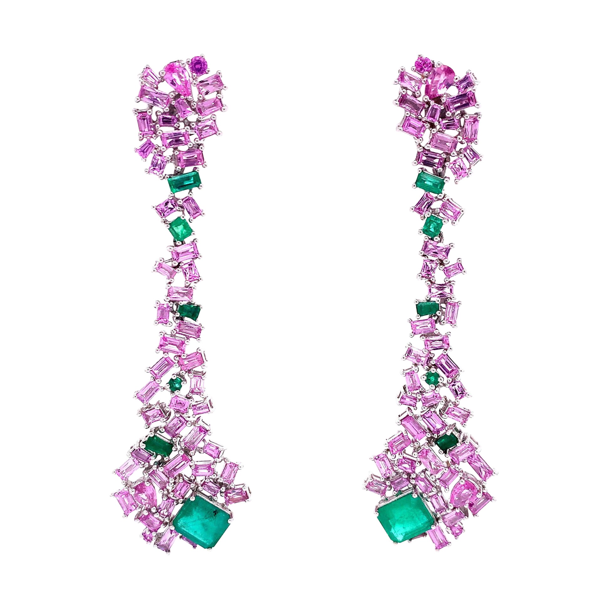RUCHI Pink Sapphire and Emerald White Gold Geometric Dangle Earrings
