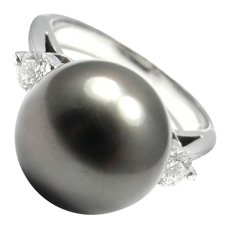 Mikimoto Large Tahitian Pearl Diamond Platinum Ring at 1stDibs