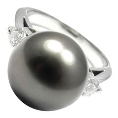 Mikimoto Large Tahitian Pearl Diamond Platinum Ring