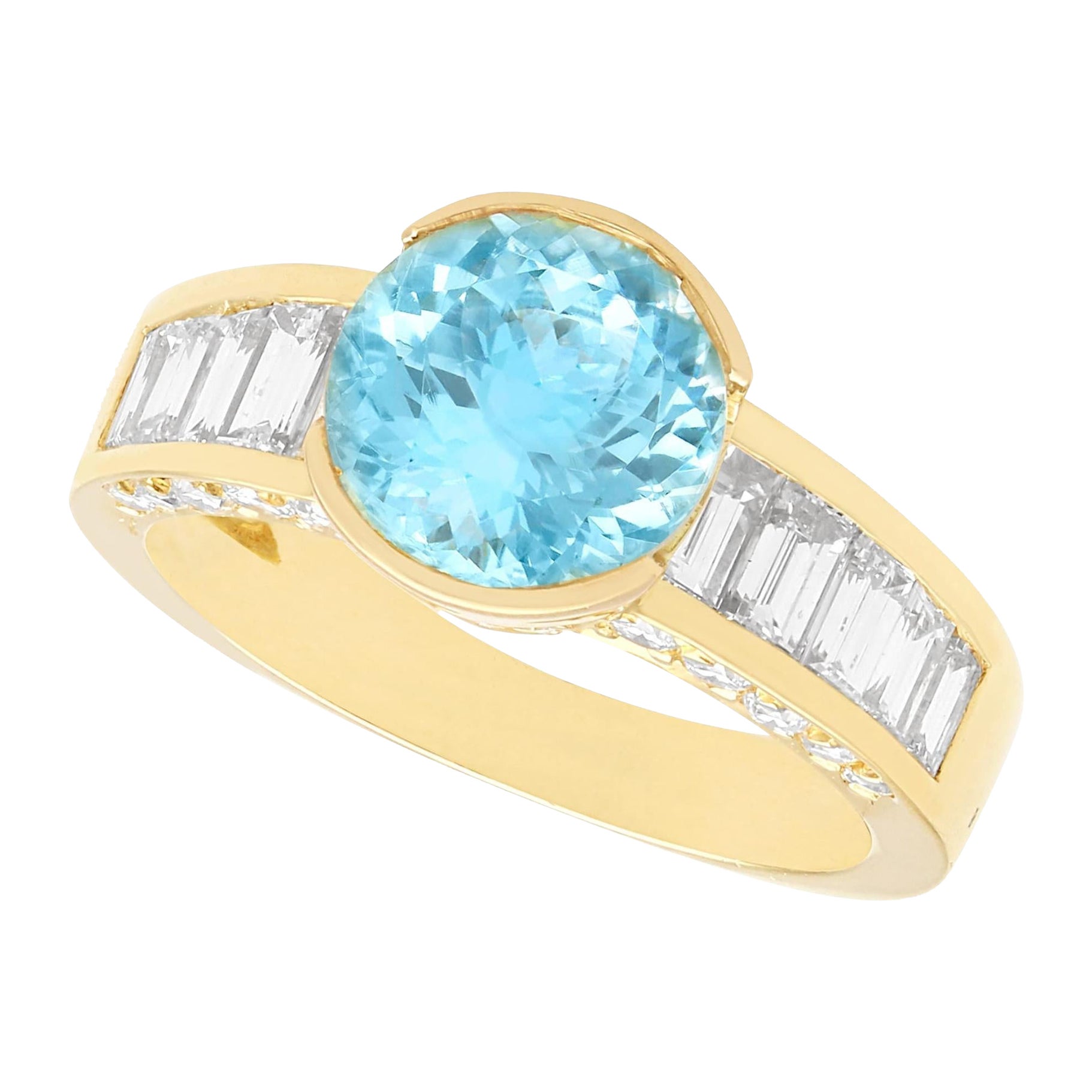 French 1.91 Carat Aquamarine and 1.63 Carat Diamond Yellow Gold Band Ring For Sale