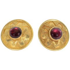 Vintage Elaine Greenspan Etruscan Revival Garnet Gold Earrings