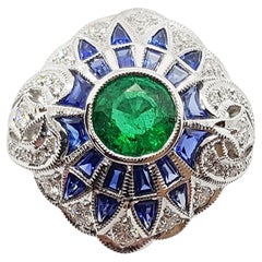 Emerald with Blue Sapphire and Diamond Ring Set in 18 Karat White Gold Settings