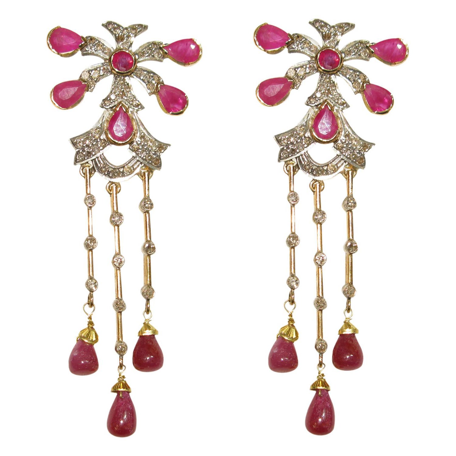 Pear Shaped Ruby Long Earrings with Diamonds Made in 18k Gold