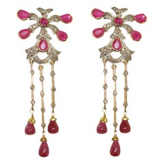 Pear Shaped Ruby Long Earrings with Diamonds Made in 18k Gold