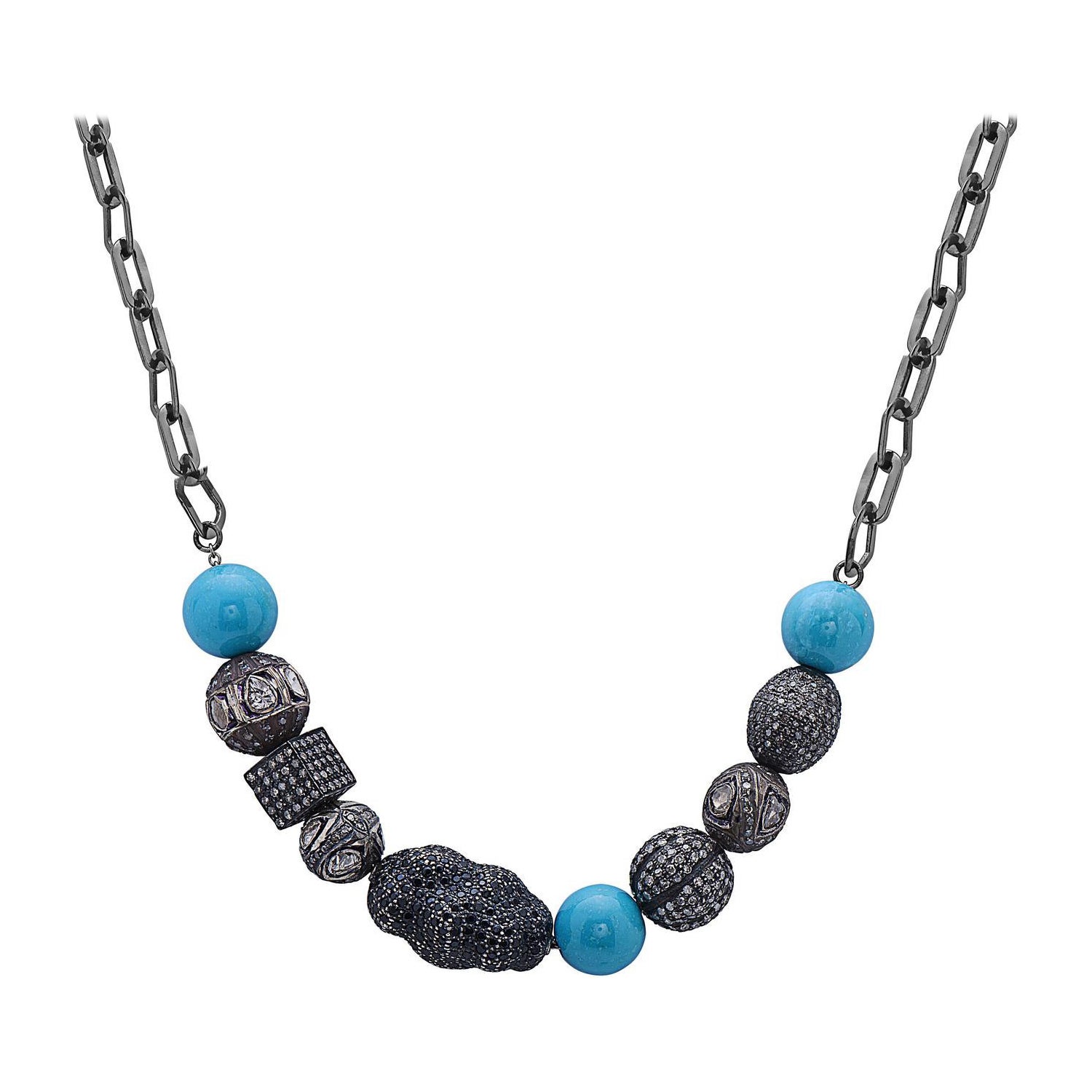 Spinel & Turquoise Beaded Ball Chain Necklace with Pave Diamonds Made in Silver For Sale