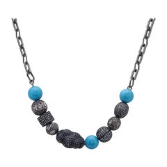 Collier à boules en perles de spinelle et de turquoise avec diamants pavés, fabriqué en argent