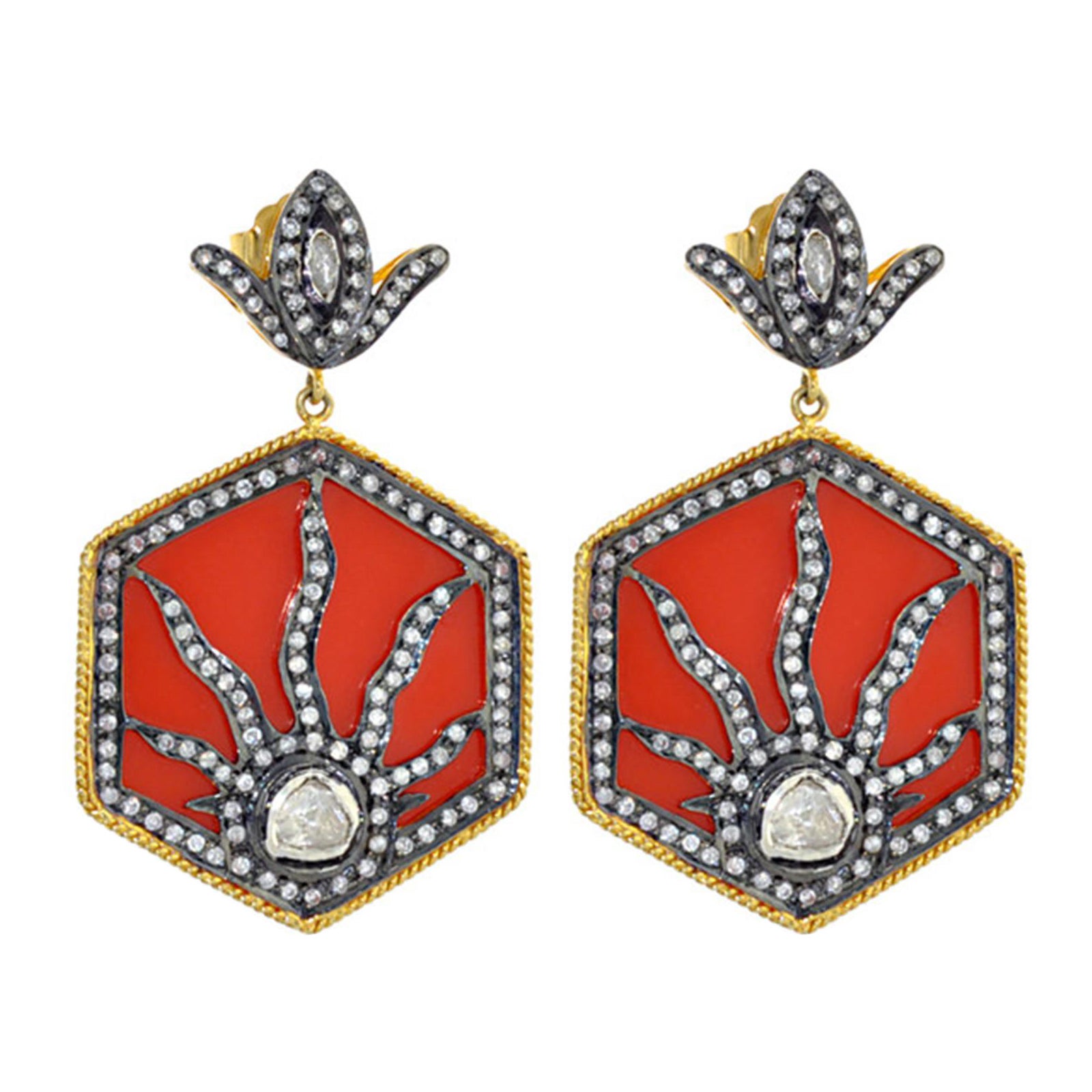 Boucles d'oreilles pendantes en bakélite avec motif soleil fabriquées par Diamonds en or et argent 14 carats en vente