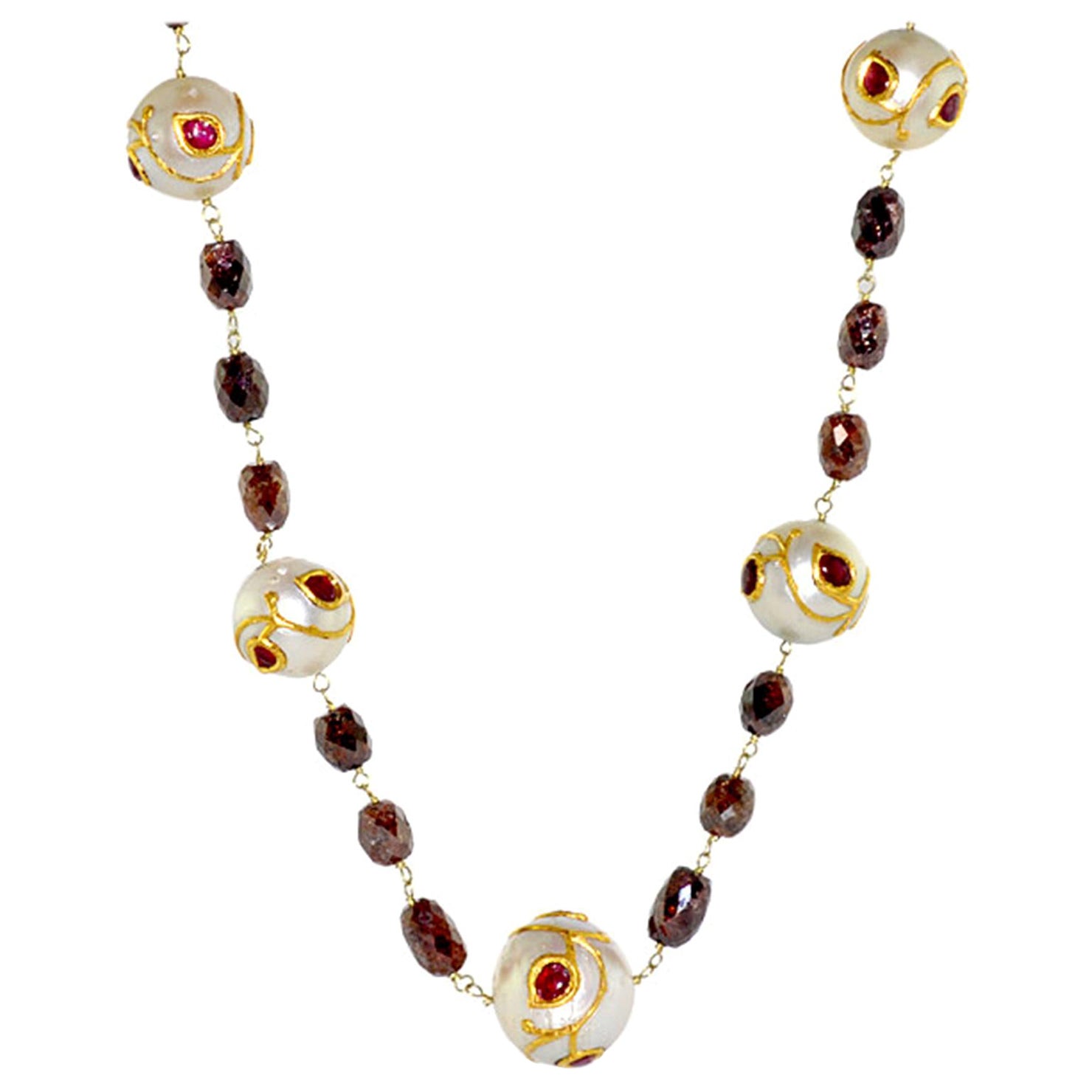 Designer Beaded Necklace with Diamonds, Ruby and South Sea Pearl in 14k Gold For Sale