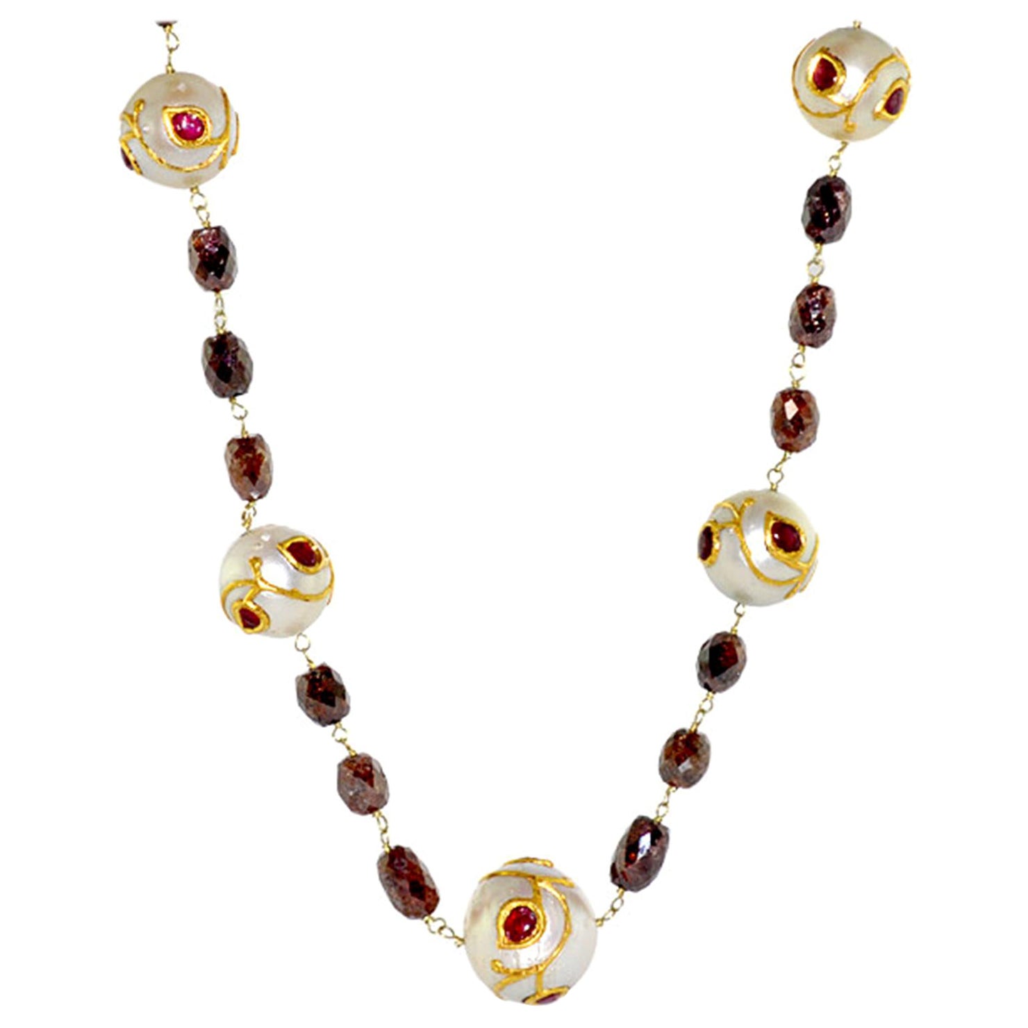 Collier de perles de créateur en or 14 carats avec diamants, rubis et perles des mers du Sud