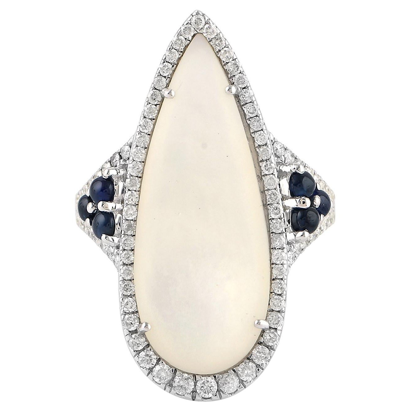 Cocktail Ring with Pearl & Sapphire Surrounded by Pave Diamonds Made in 18k Gold