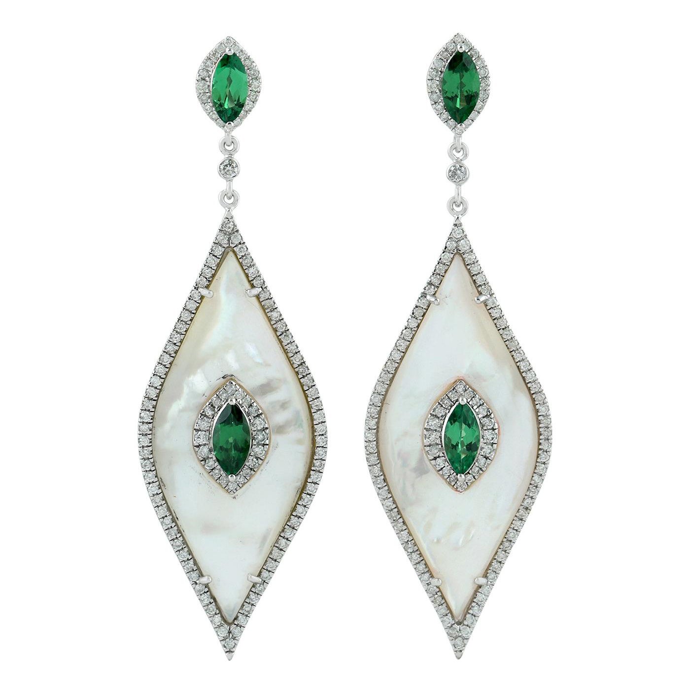 Marquise Shaped Pearl Earring Accented with Tsavorite & Diamond Made in 18k Gold For Sale