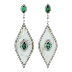 Marquise Shaped Pearl Earring Accented with Tsavorite & Diamond Made in 18k Gold