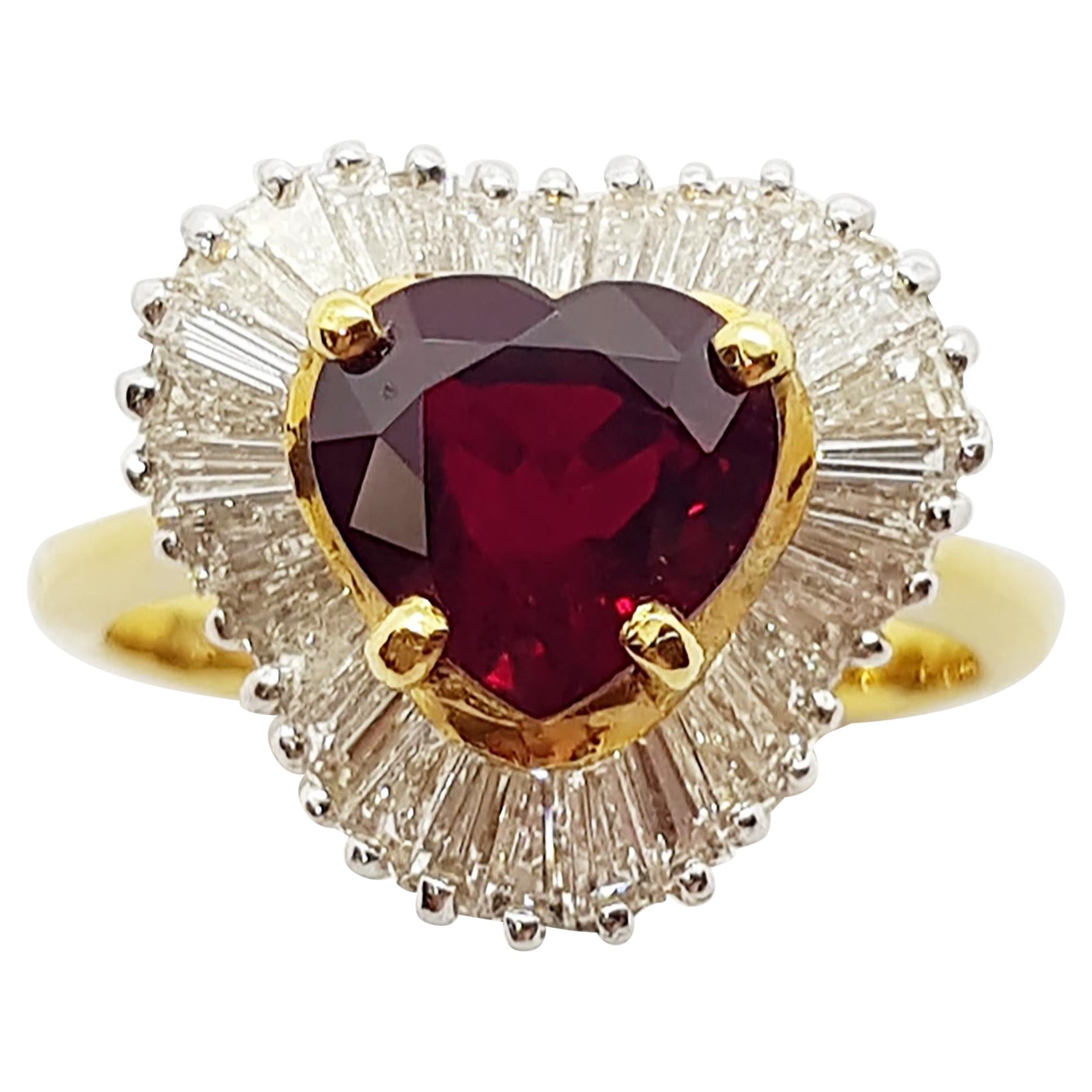 Heart Shape Ruby with Baguette Diamond Ring Set in 18 Karat Gold Settings For Sale