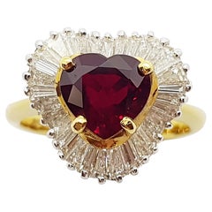 Heart Shape Ruby with Baguette Diamond Ring Set in 18 Karat Gold Settings