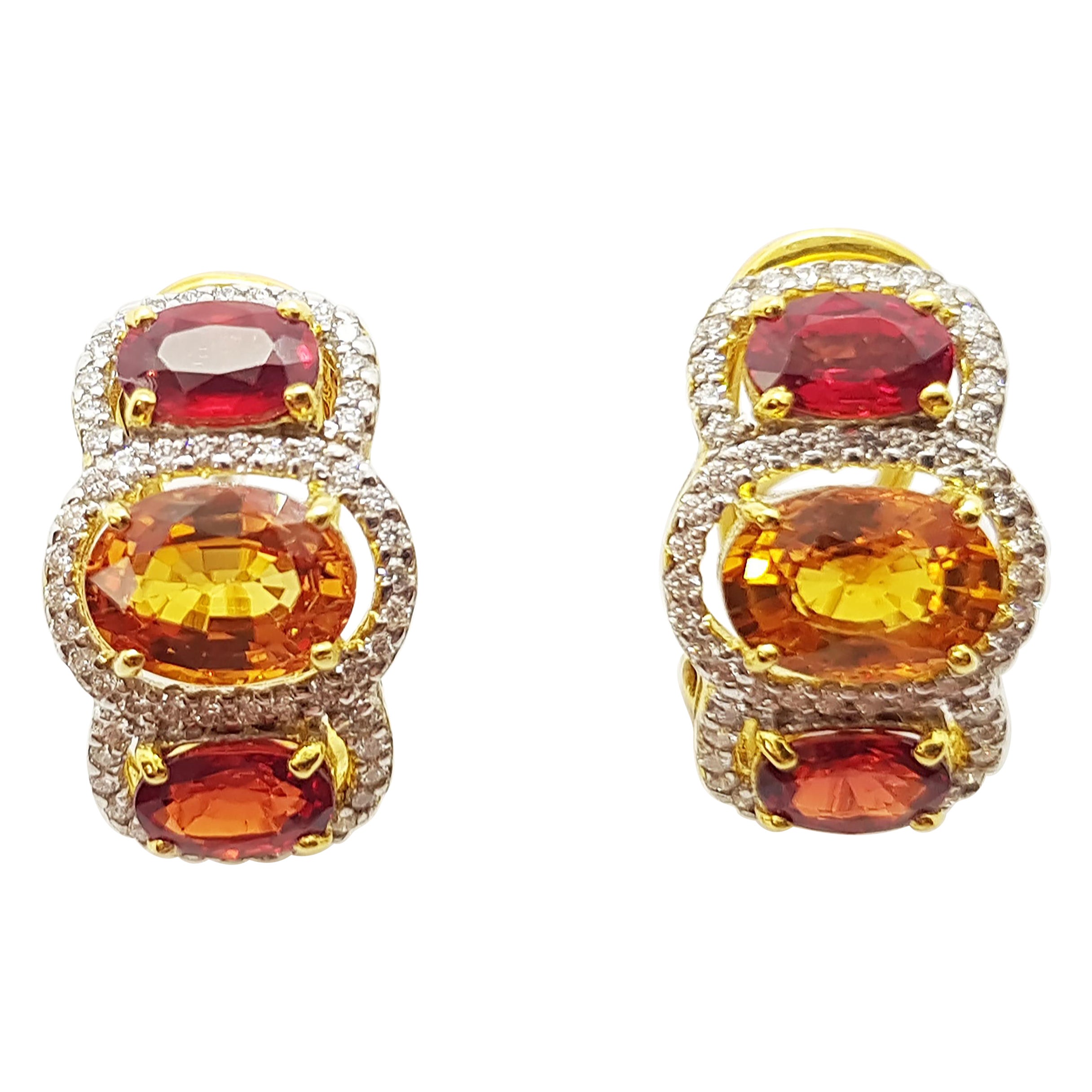 Orange Sapphire, Yellow Sapphire with Diamond Earrings Set in 18 Karat Gold