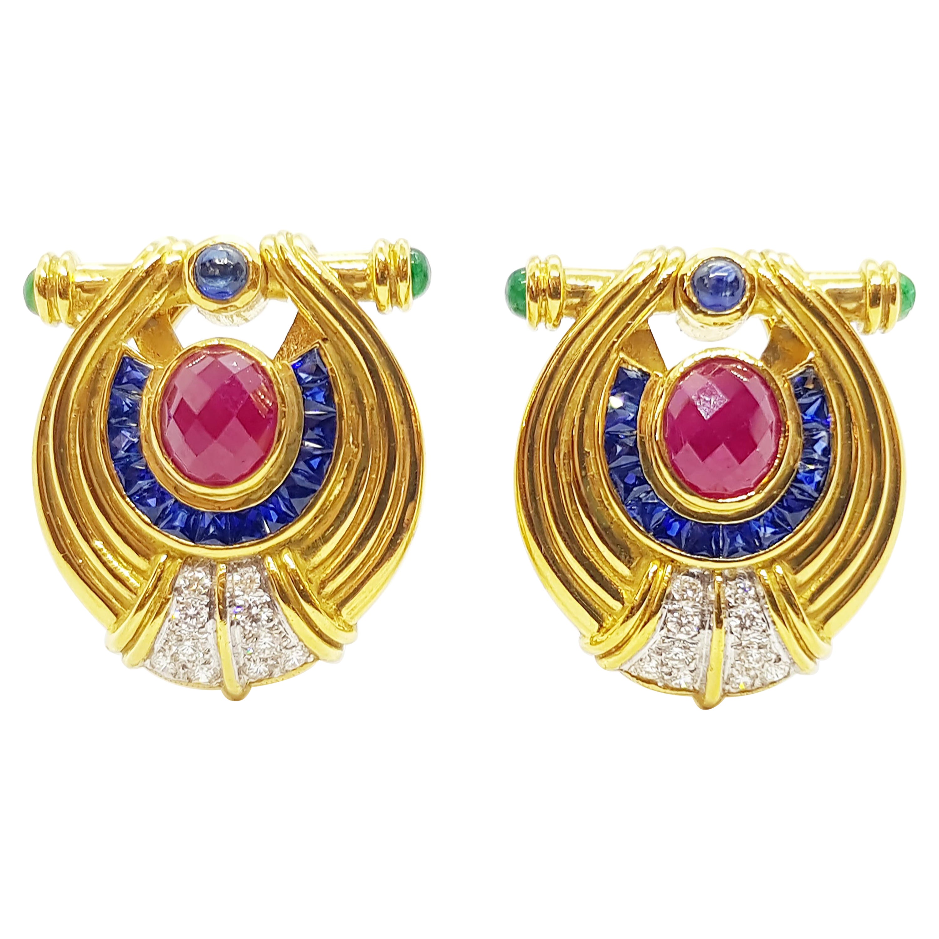 Ruby, Blue Sapphire, Emerald with Diamond Earrings Set in 18 Karat Gold Settings For Sale