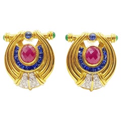 Ruby, Blue Sapphire, Emerald with Diamond Earrings Set in 18 Karat Gold Settings