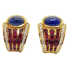 Cabochon Blue Sapphire with Ruby and Diamond Earrings in 18 Karat Gold Settings